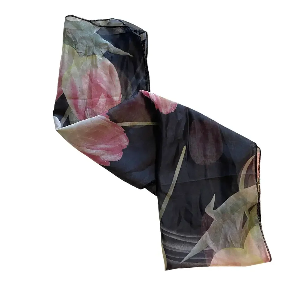 Navy & Pink Tulip Scarf Womens Rectangle Sheer Lightweight Floral 58